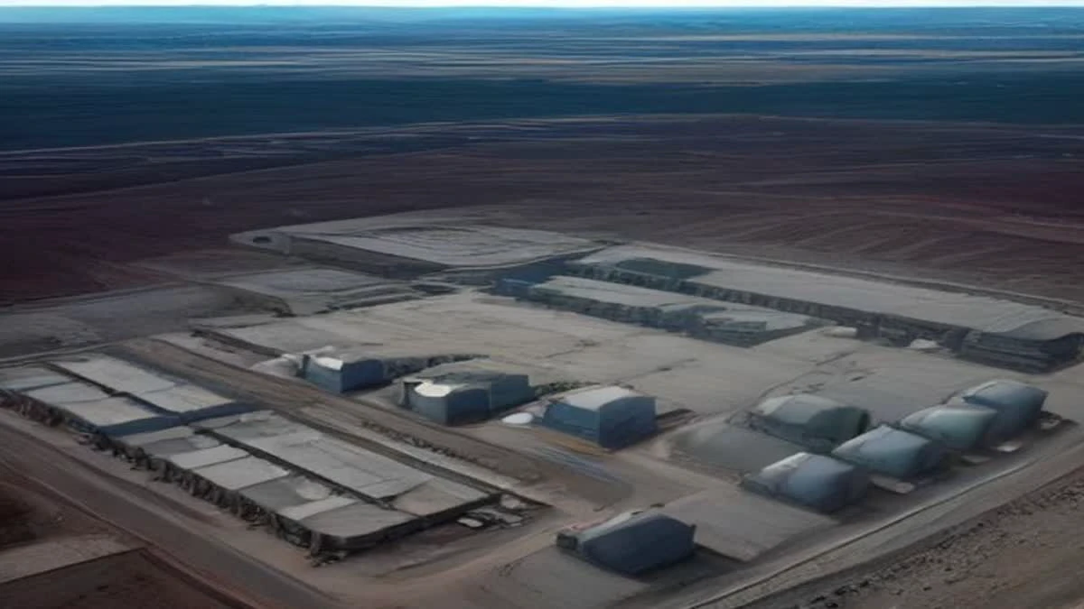 Aerial-style view of containerised mining buildings on an industrial site