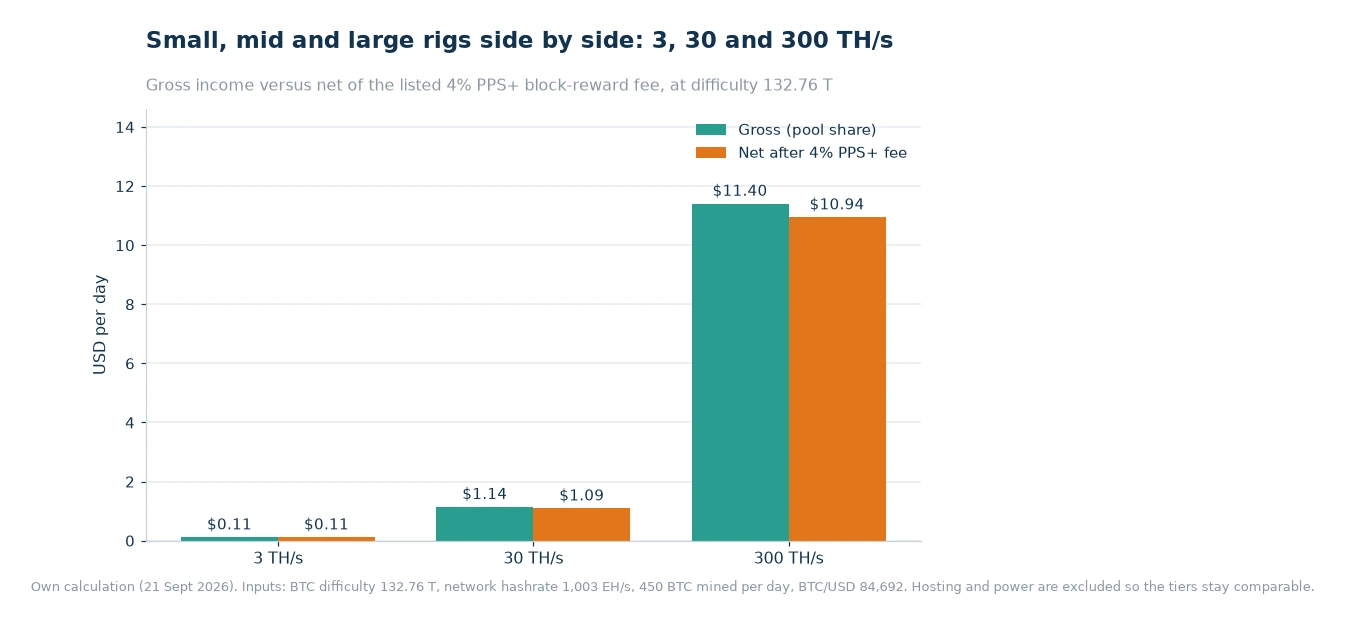 Bar chart comparing gross and net daily income at 3, 30 and 300 TH/s