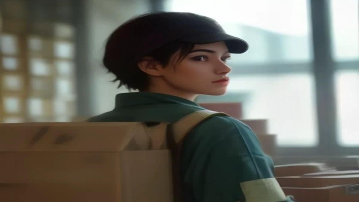 over-the-shoulder view of a courier scanning a parcel at a bright logistics counter, overcast diffused light (illustrative image)