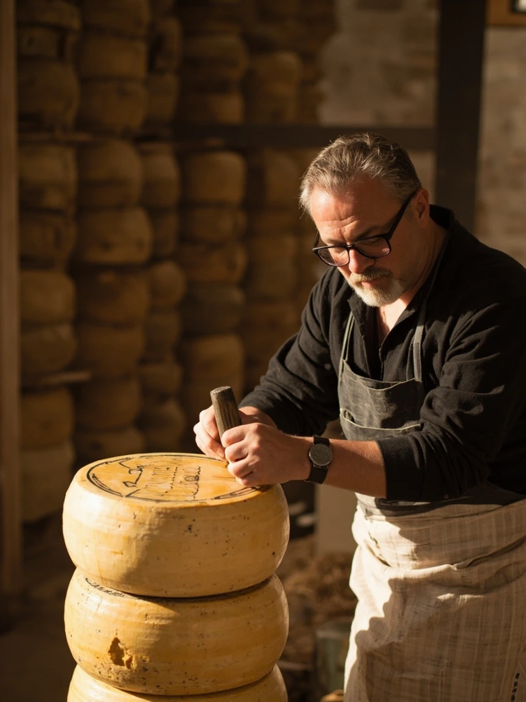 Il casaro Bonacini imprime il marchio a fuoco su una forma di Parmigiano Reggiano